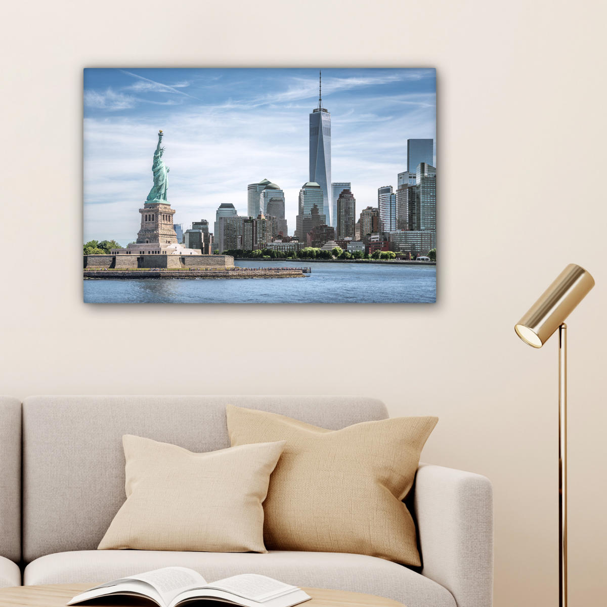 LEINWANDBILD New York - Freiheitsstatue - Wasser Gemälde 60x40 cm - Hellblau, Textil (60/40cm) - MuchoWow