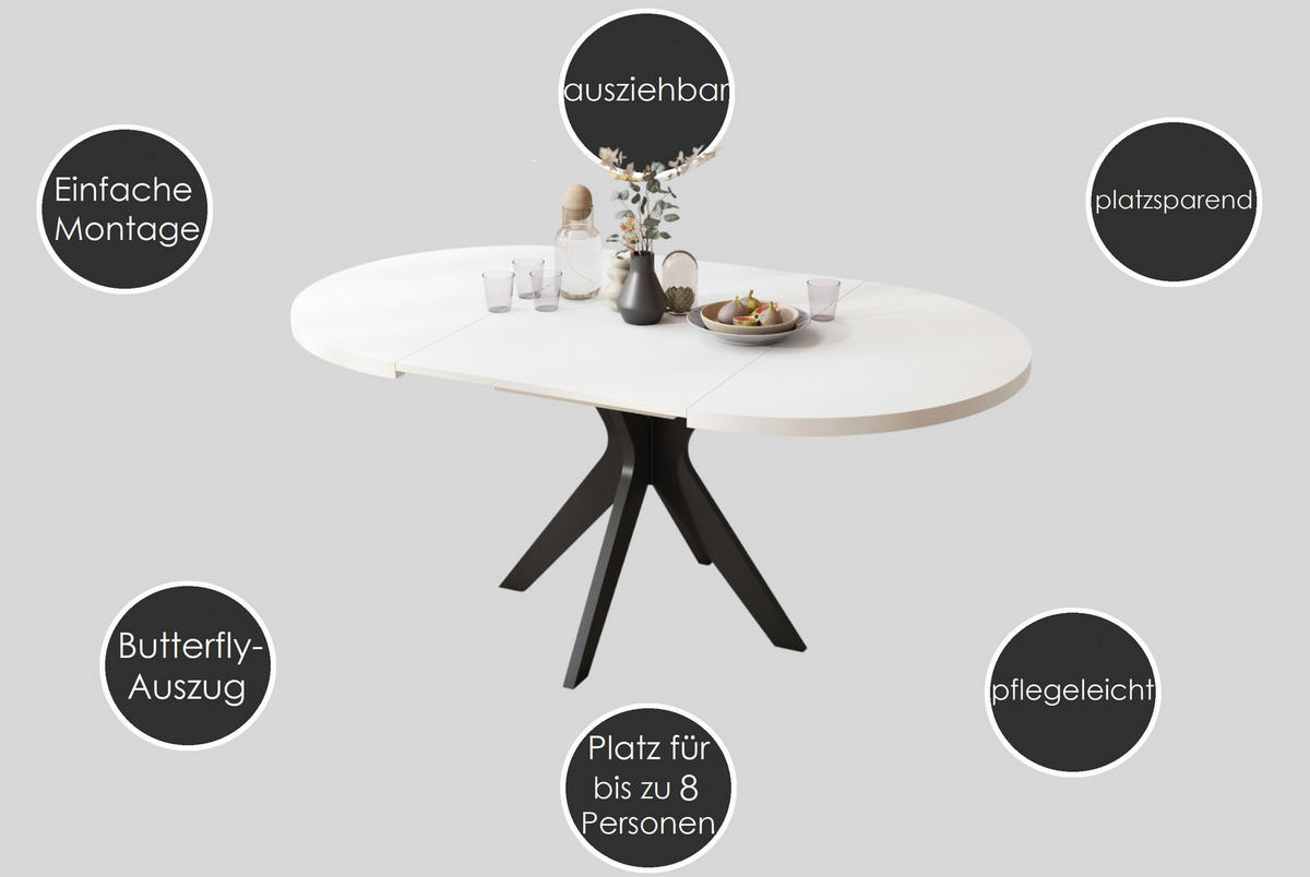 ESSTISCH rund Weiß matt - Schwarz matt ausziehbar - Schwarz/Weiß, Holzwerkstoff (110/110/77cm) - designimpex
