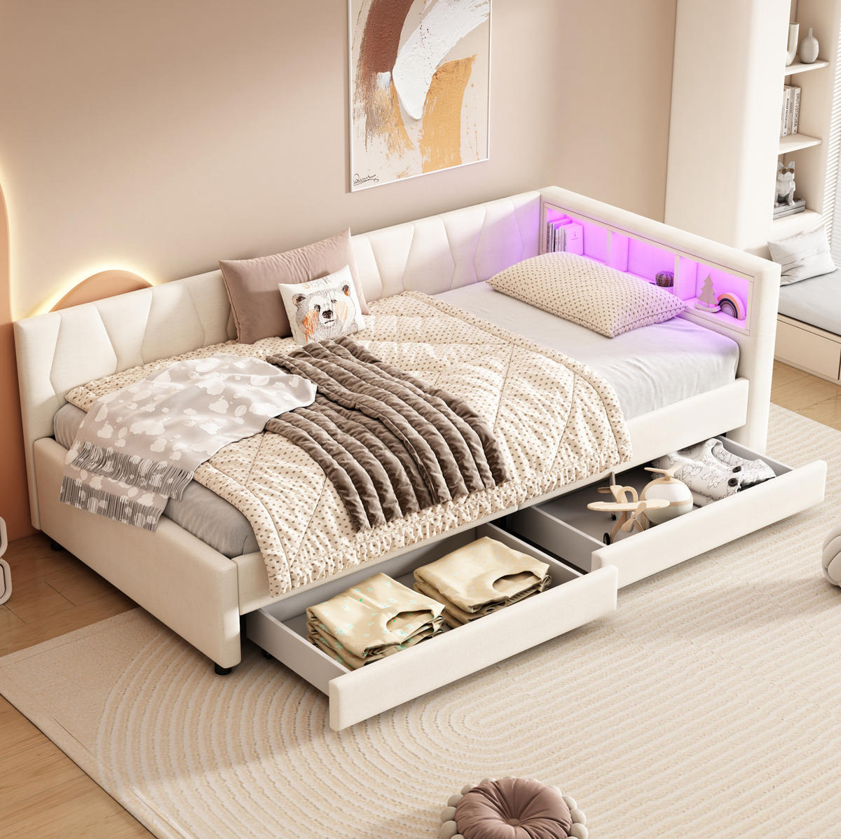 DNEVNI krevet 90/200 cm bež od lana i MDF-a s LED rasvjetom, USB-C i 2 ladice - bež, tekstil (90/200cm) - OKWISH
