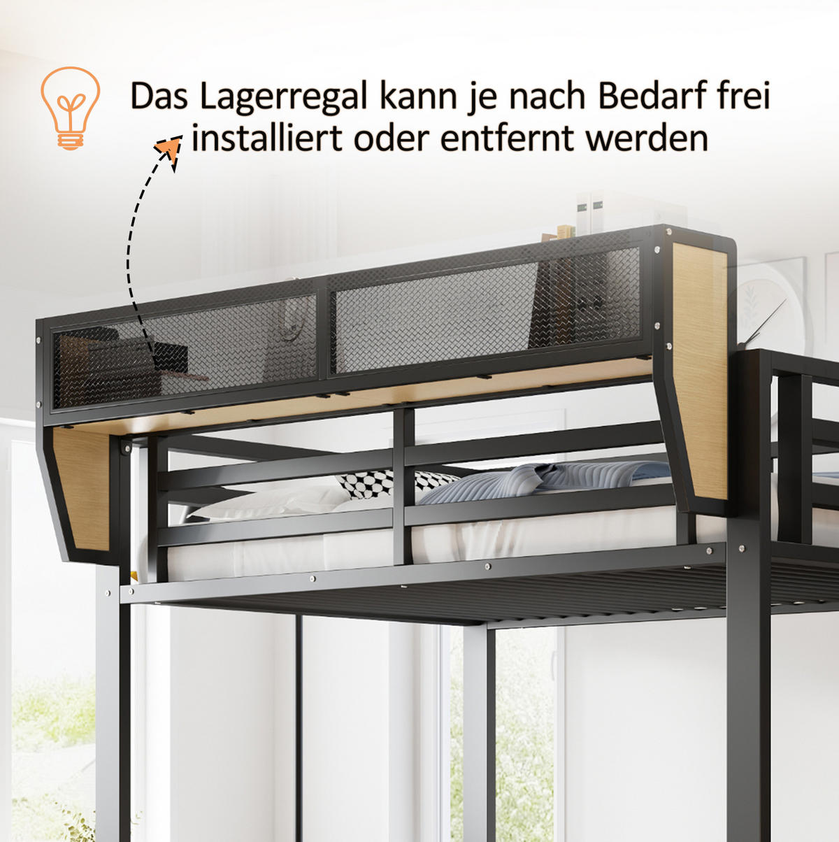 HOCHBETT aus Metall und MDF 90x200 cm Schwarz mit Sicherheitsleiter und flexiblem Regal - Schwarz, Metall (140/200cm) - Modfu