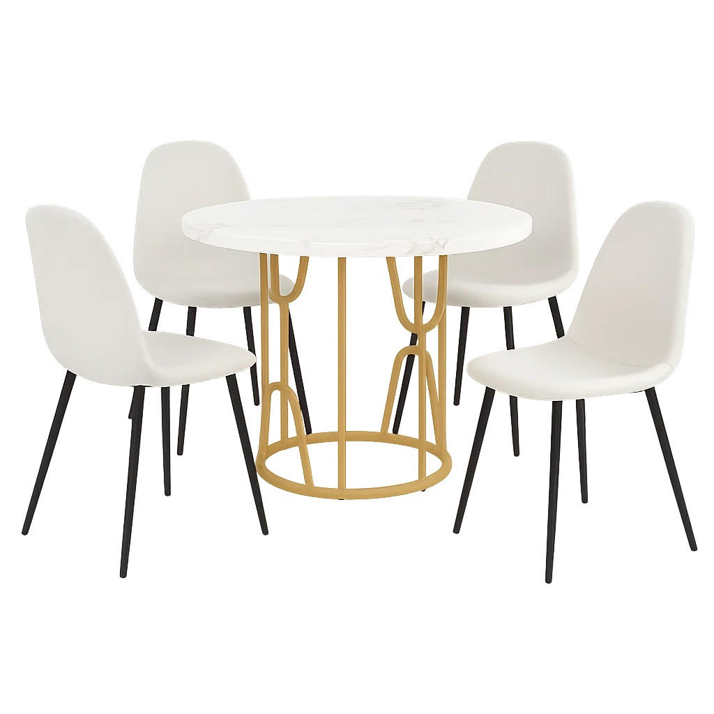 ESSTISCH SET mit rund 1 Tisch Marmoroptik & 4 Stoffstühle Beige - Weiß, Holzwerkstoff/Textil (110/74/65cm) - Urban Meuble