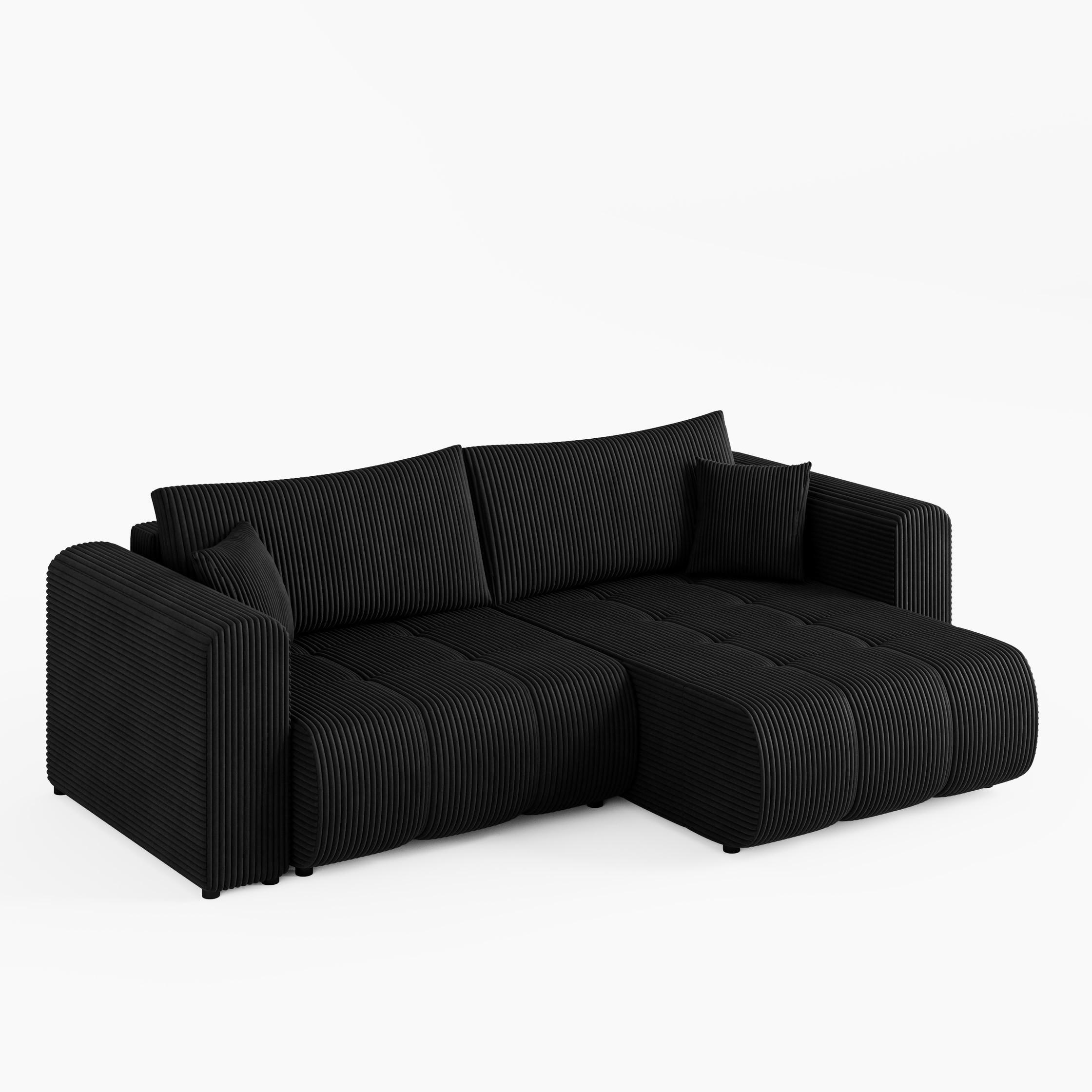 ECKSOFA RIVA Rechts Schwarz Cord-Stoff L-Form Couch mit Schlaffunktion & Bettkasten - Schwarz, Holz (160/255cm) - Barchello