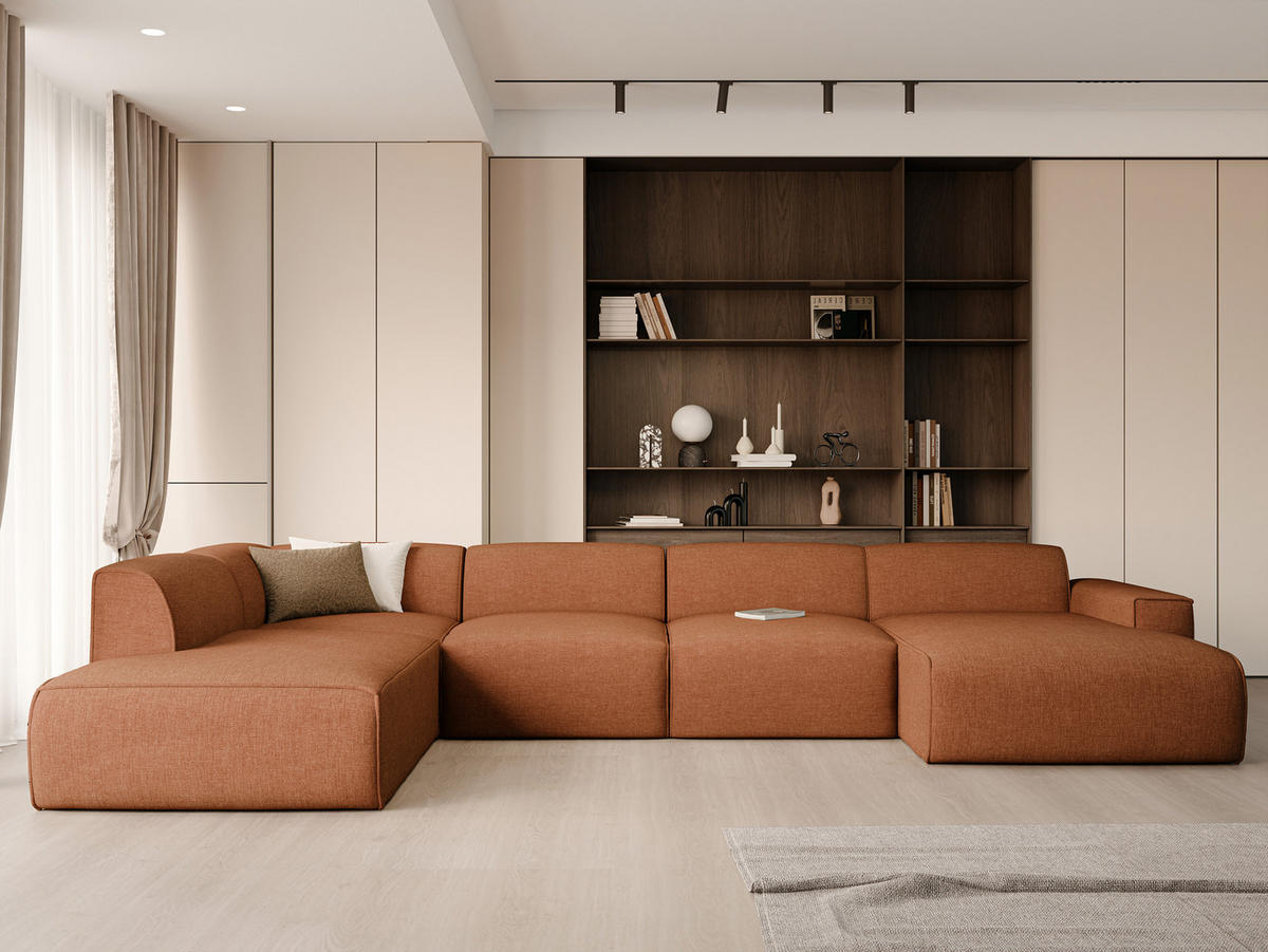 WOHNLANDSCHAFT DOVE Chenille-Stoff in Orange - Orange, Holzwerkstoff/Kunststoff (300/85/200cm) - Idohome