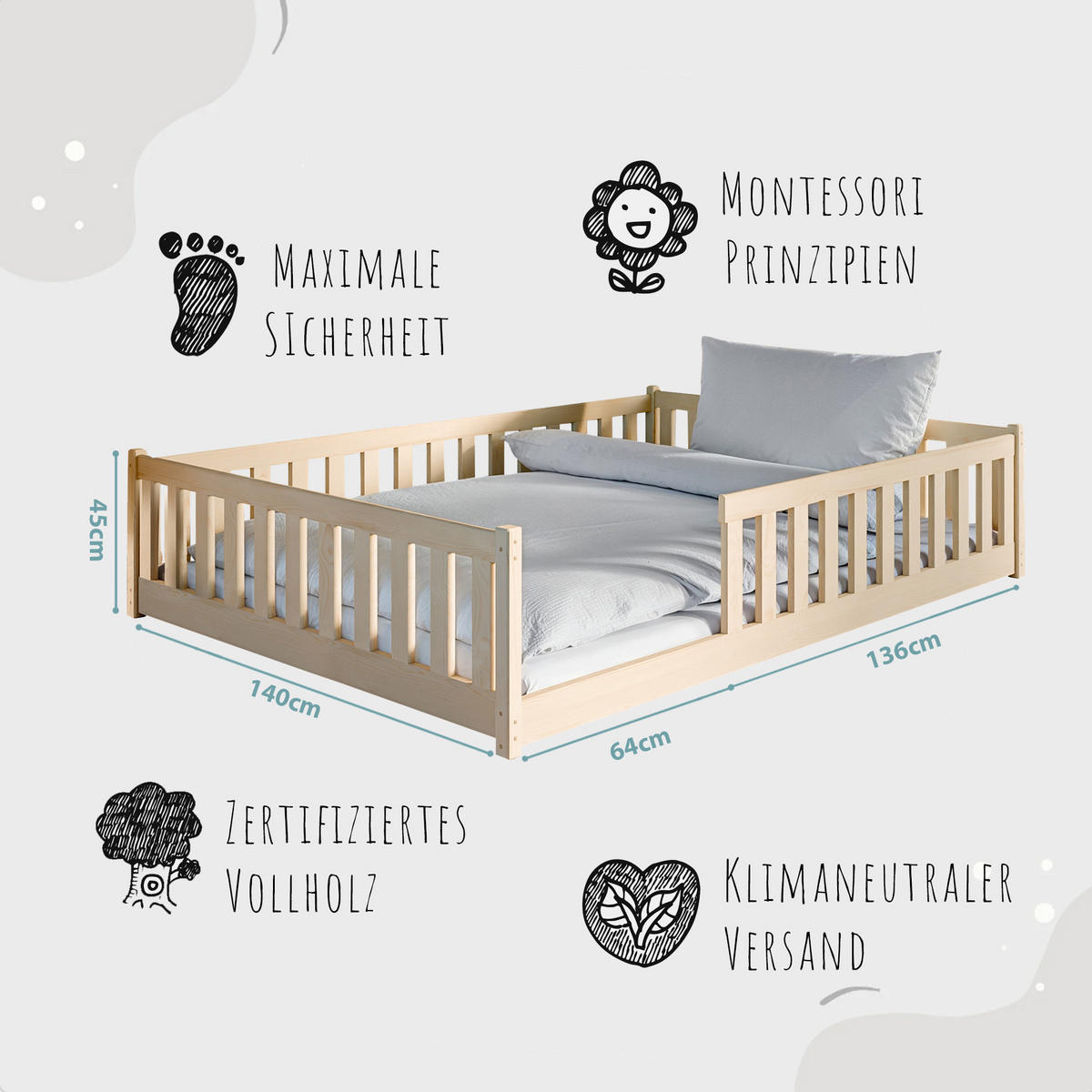 BODENBETT 140x200 cm in natur - Naturfarben, Holz (140/200cm) - Kids Collective