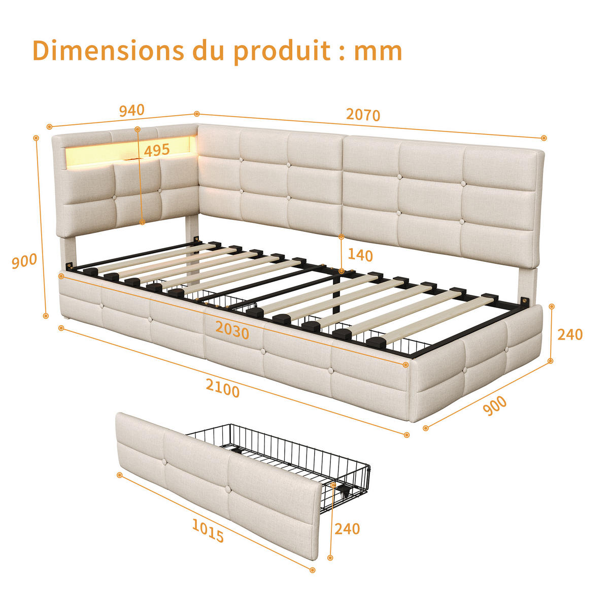 POLSTERBETT Reversibel 90/200 cm mit 2 Schubladen & RGB-LED Leinenoptik Beige - Beige, Textil (90/200cm) - Creahappy
