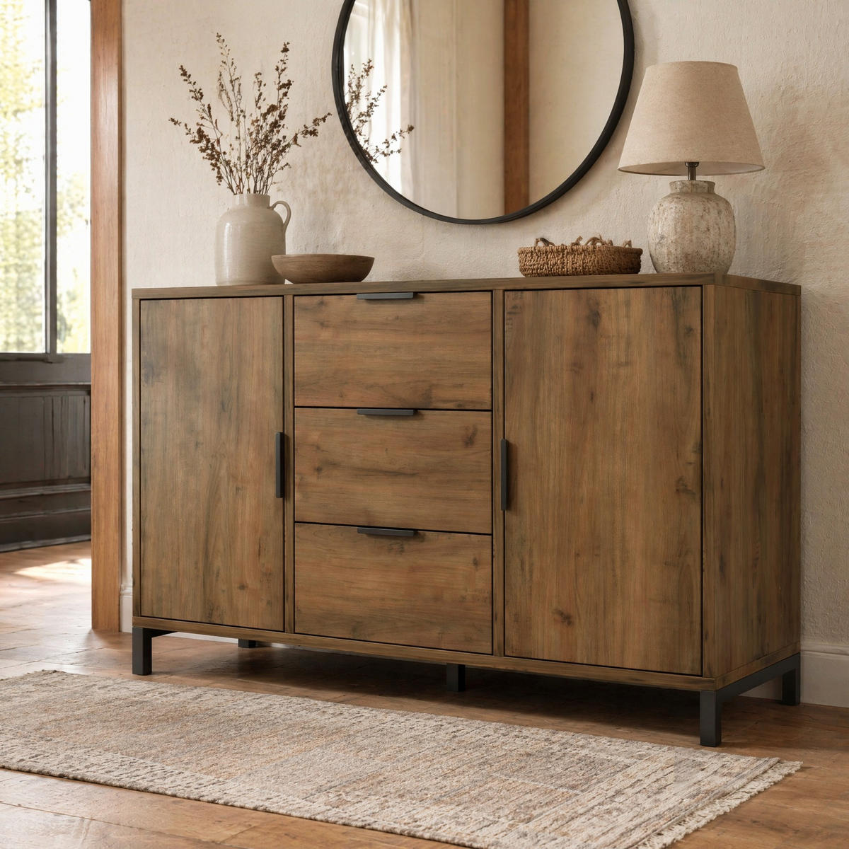 KOMODA tmavý dub, 2 dvířka, 3 zásuvky, do obývacího pokoje a ložnice, 120×40×76 cm - černá/barva dubu, kov/kompozitní dřevo (120/76/40cm) - STILVORA