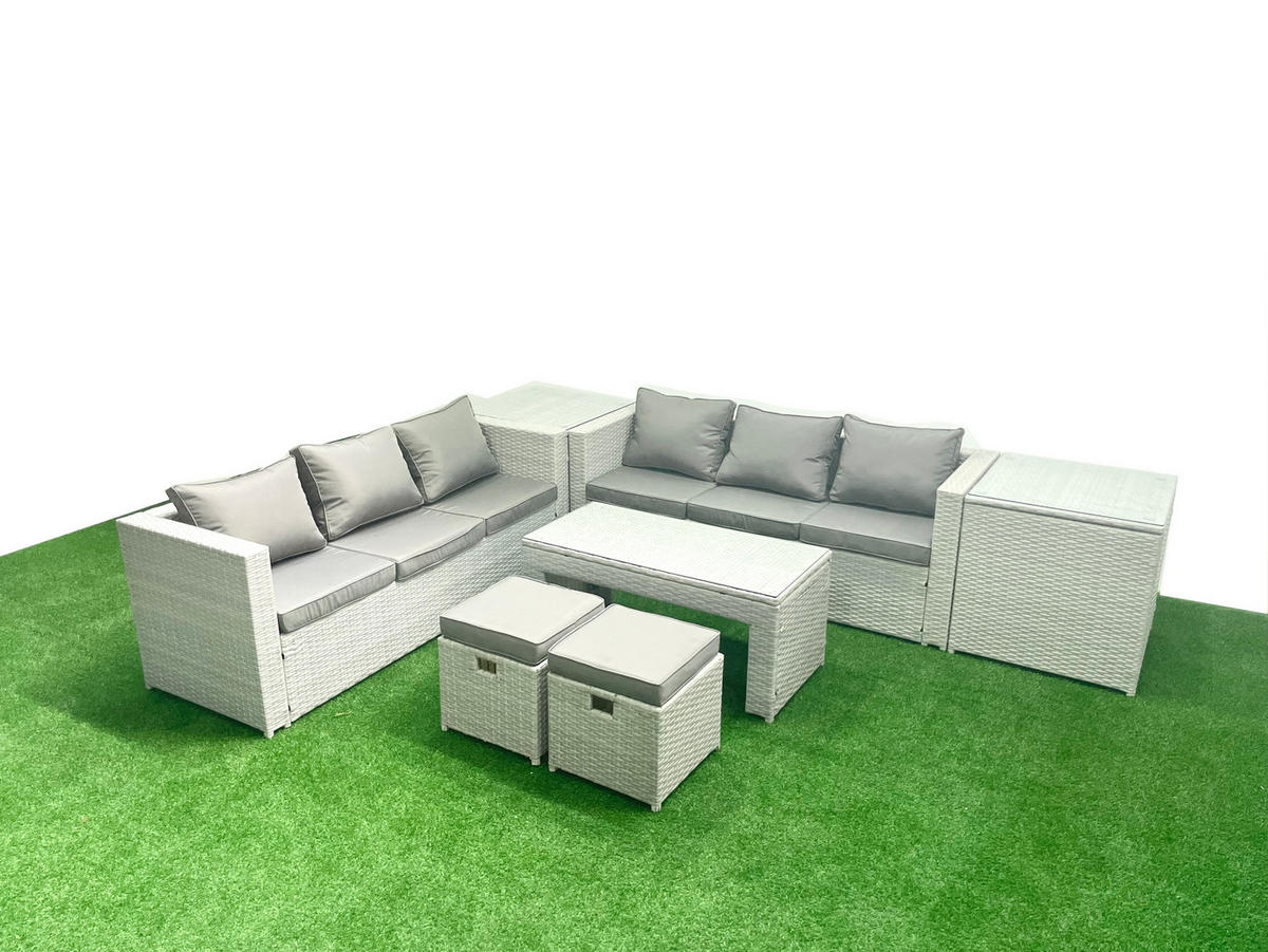GARTENSOFA hohe Rückenlehne Polyrattan Hellgrau-Mix 8-Sitzer - Hellgrau/Grau, Glas/Kunststoff - Fimous