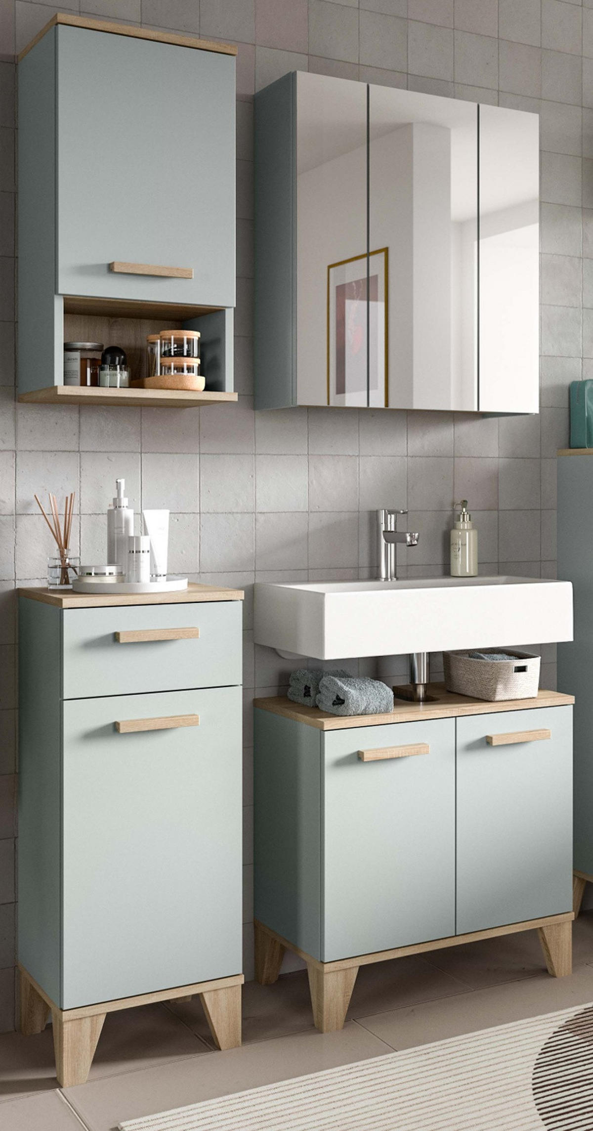 BADMÖBEL-SET 4-teilig grün, Eiche 109 x 190 cm, Badkombination skandinavisches Design - Eichefarben/Grün, Glas/Holzwerkstoff (109/190/34cm) - Inn.Furn