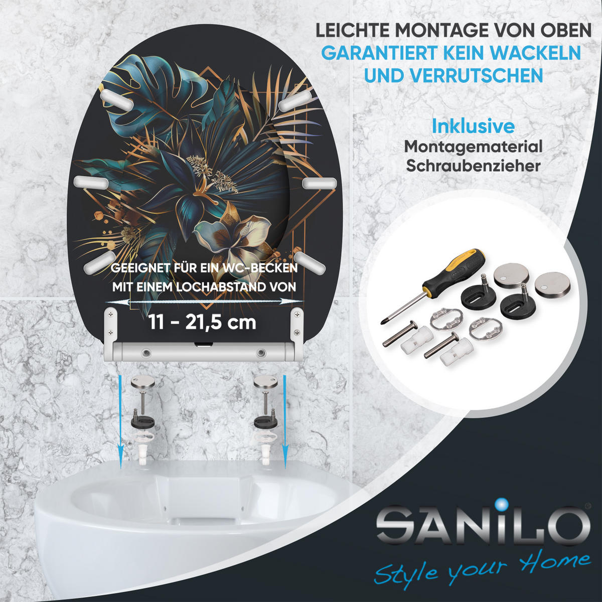 WC-SITZ mit Absenkautomatik & Top Fix Goldfera - Blau, Holzwerkstoff (37.7/5/48cm) - Sanilo
