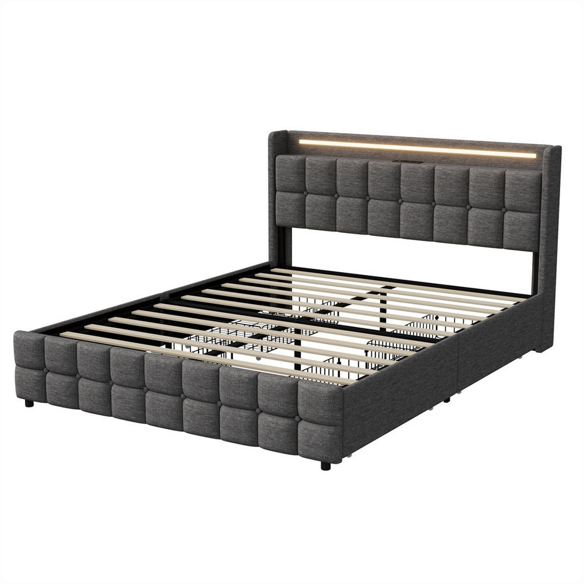 POLSTERBETT 160x200 cm Square Smart mit RGB-LED, EU-Steckdosen & USB-Ports, 4 Schubladen, Leinen-Optik, Dunkelgrau - Grau, Textil (160/200cm) - DELFA