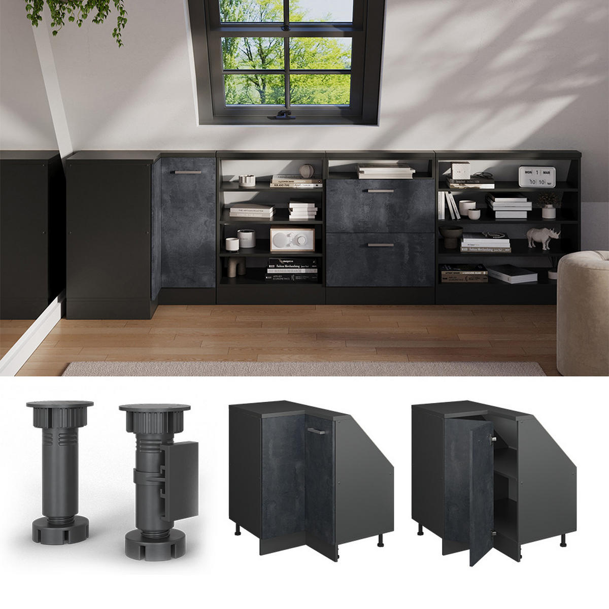 DACHSCHRÄGENSCHRANK ECKSCHRANK Rion Schwarz Beton/Anthrazit 75.6 x 81.6 cm mit 1 Tür - Anthrazit/Schwarz, Holzwerkstoff (75.6/81.6/75.6cm) - Vicco