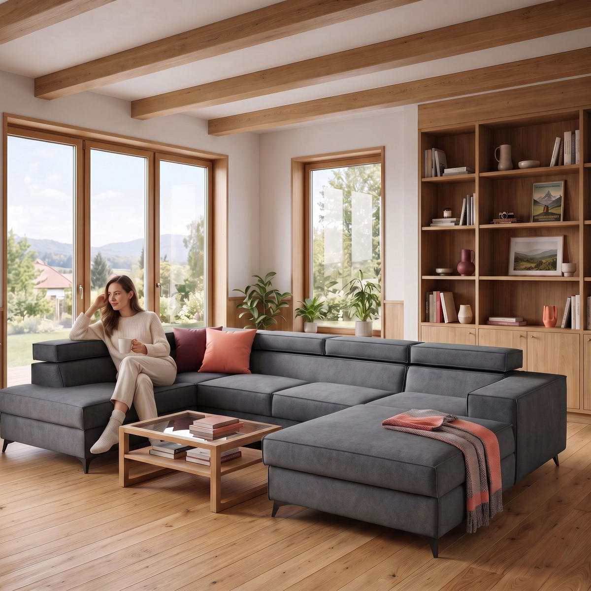 ECKSOFA PURE U Links mit Schlaffunktion 127x270 Velours Grau - Schwarz/Grau, Holz/Textil (340/204cm) - Muffo