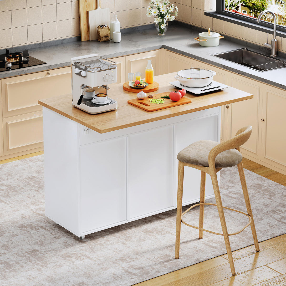 KÜCHENINSEL 120/71/90 cm Weiß aus Holzwerkstoff mit Rollen - Weiß, Holzwerkstoff (120/90/71cm) - OKWISH