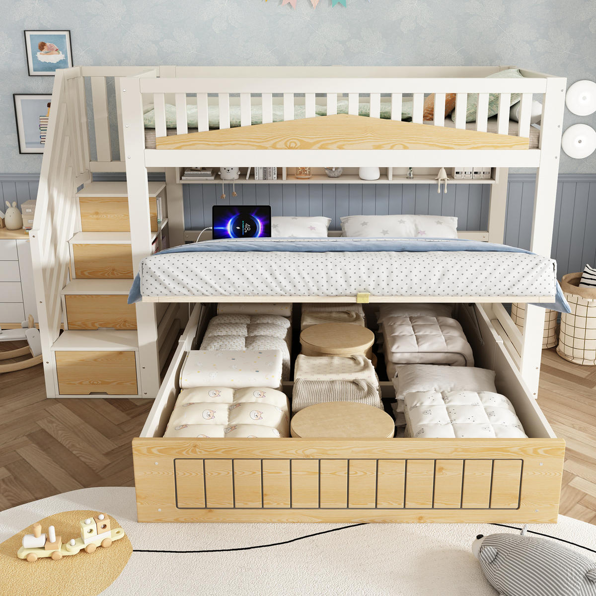ETAGENBETT 90/140/200 cm in Weiß/Natur mit Stauraum und USB- und Type-C-Anschlüssen - Weiß, Holzwerkstoff (90/200cm) - OKMYHOME