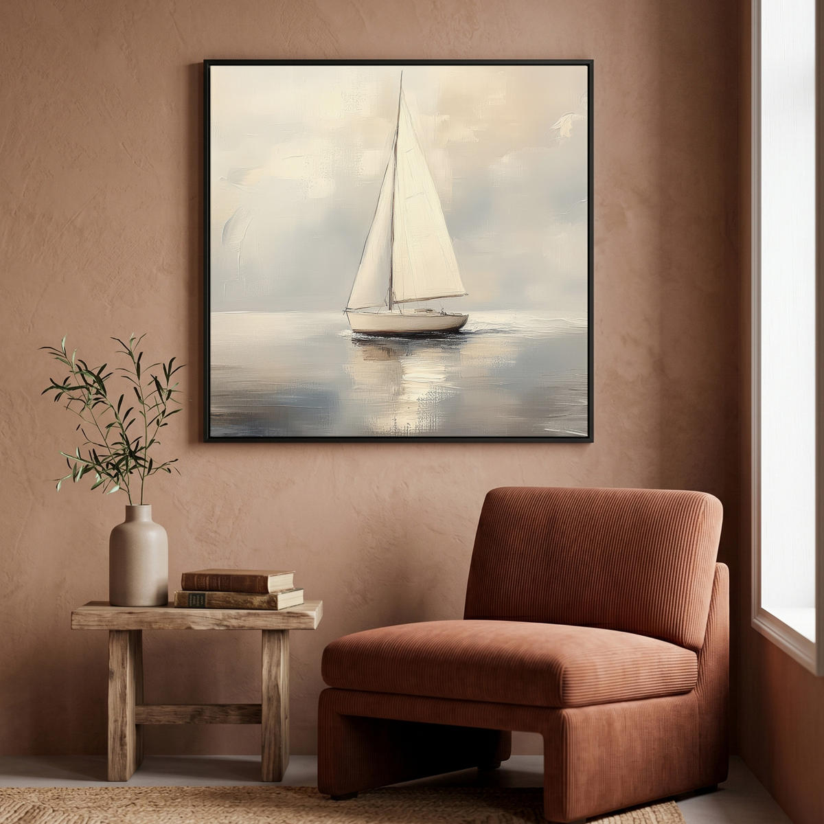 LEINWAND Bilder mit Rahmen - Segelschiff - Meer - Bewölkt - 90x90 - Creme, Textil (90/90cm) - MuchoWow