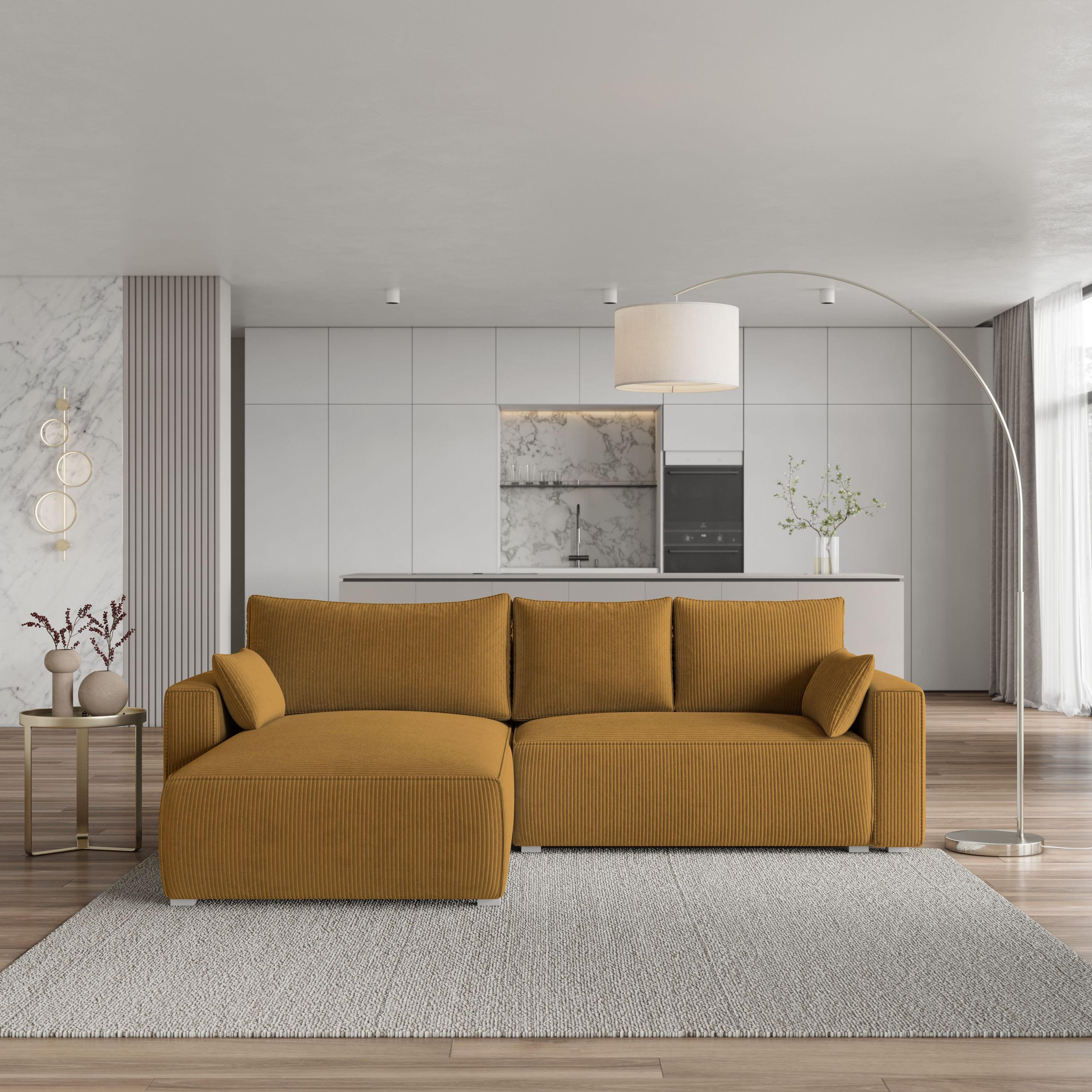 ECKSOFA FORIL P Gelb Kordstoff mit Schlaffunktion - Gelb, Holz (265/178cm) - MASSENO