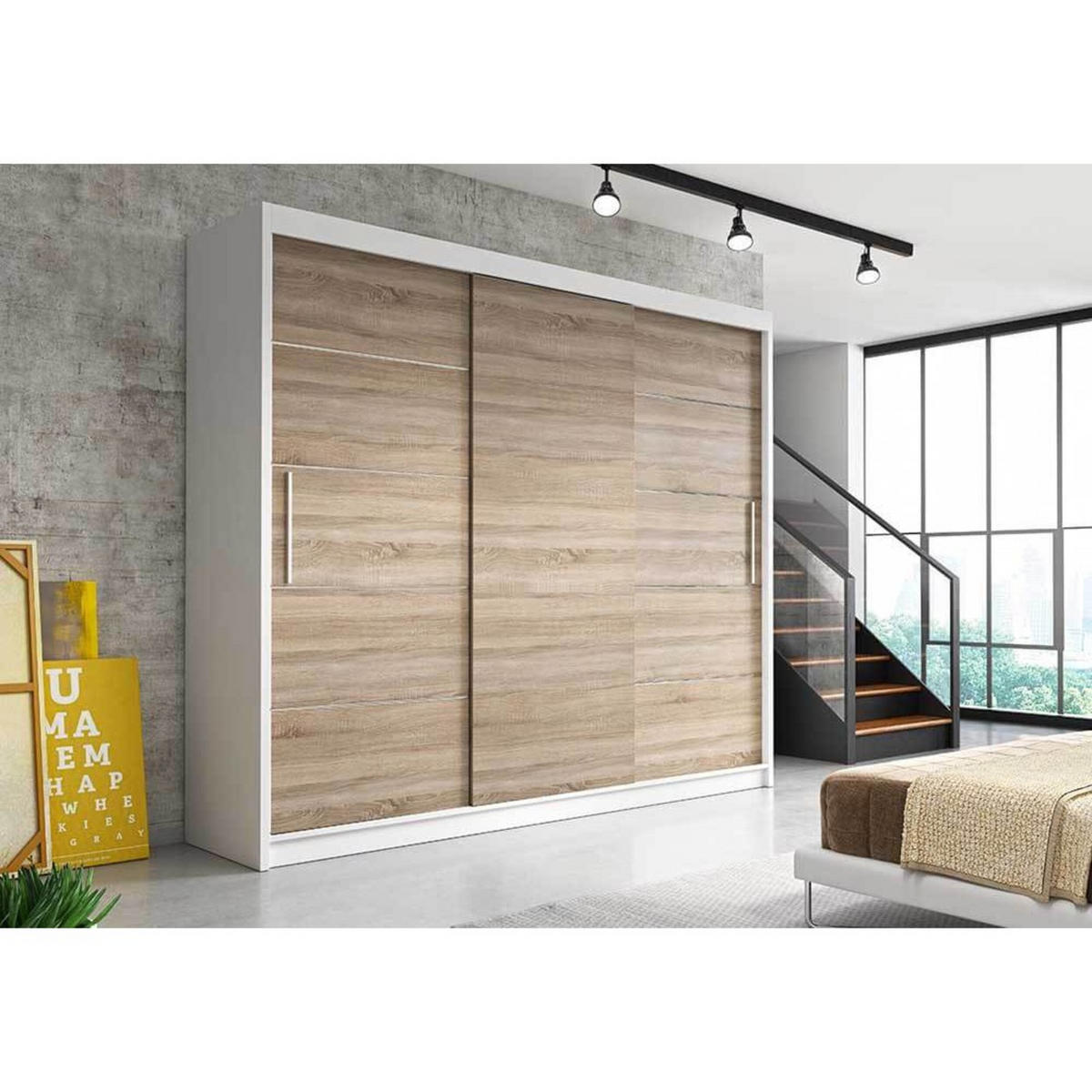 SCHIEBETÜRENSCHRANK - ELBA II Weiß + Sonoma - Weiß/Sonoma Eiche, Holzwerkstoff/Metall (250/218/61cm) - Möblo