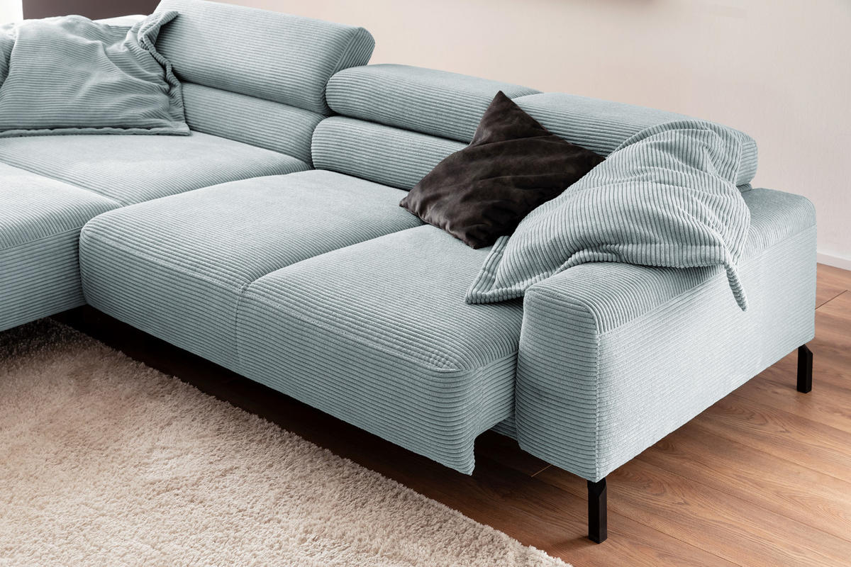 ECKSOFA MIT MOTORISCHEM SITZVORZUG DELIA Hellblau Cord - Schwarz/Hellblau, Textil/Metall (312/219cm) - KAWOLA