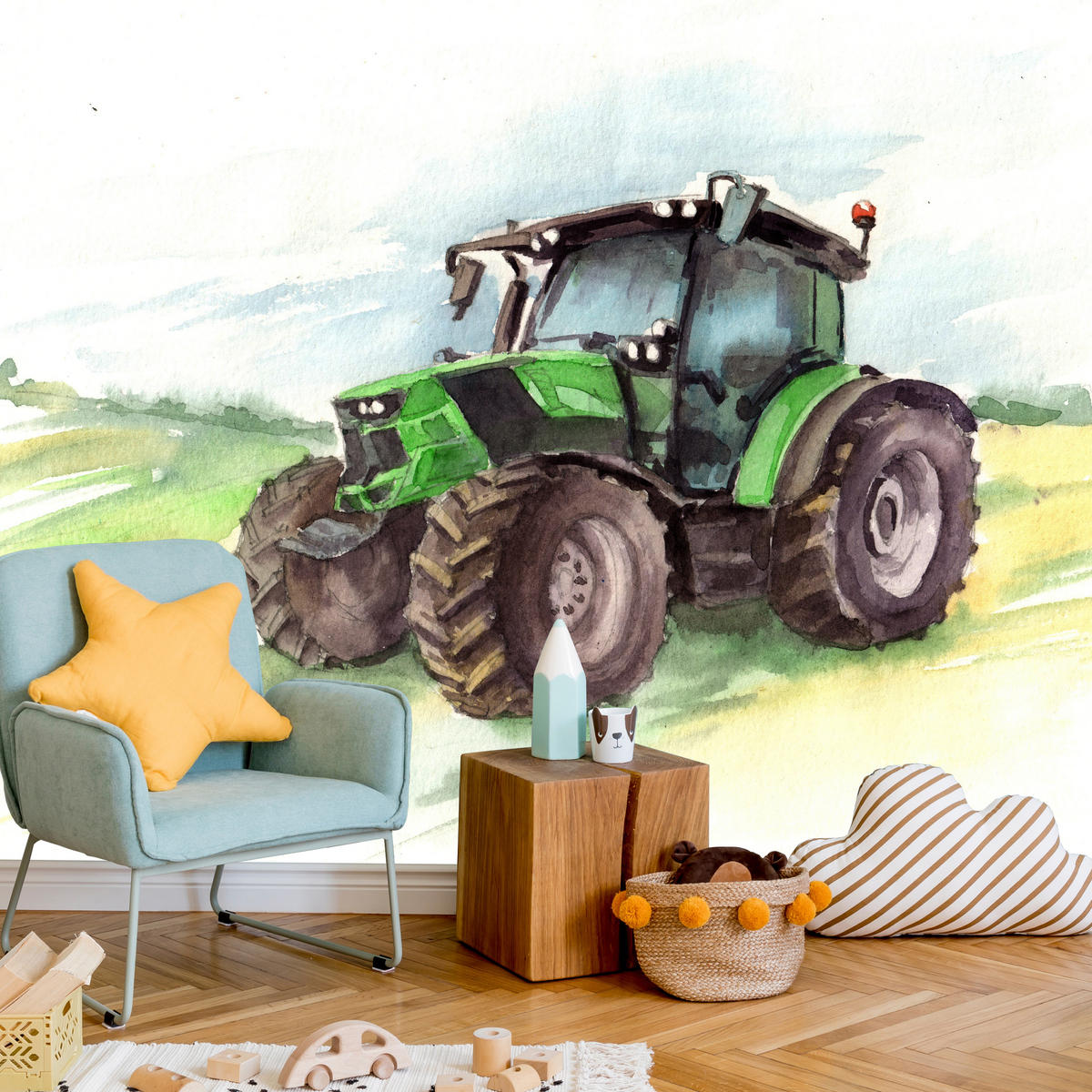 FOTOTAPETA Pre Detskú Izbu Akvarel Zelený Traktor Pole 350 x 256 cm - hnedá/čierna, papier (350/256cm) - Muralo