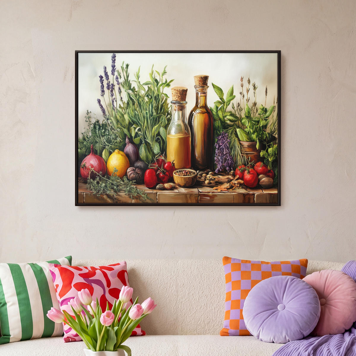 LEINWAND Bilder mit Rahmen - Stilleben - Kräuter - Gewürze - Früchte - Farbenfroh - 70x50 - Grün, Textil (70/50cm) - MuchoWow