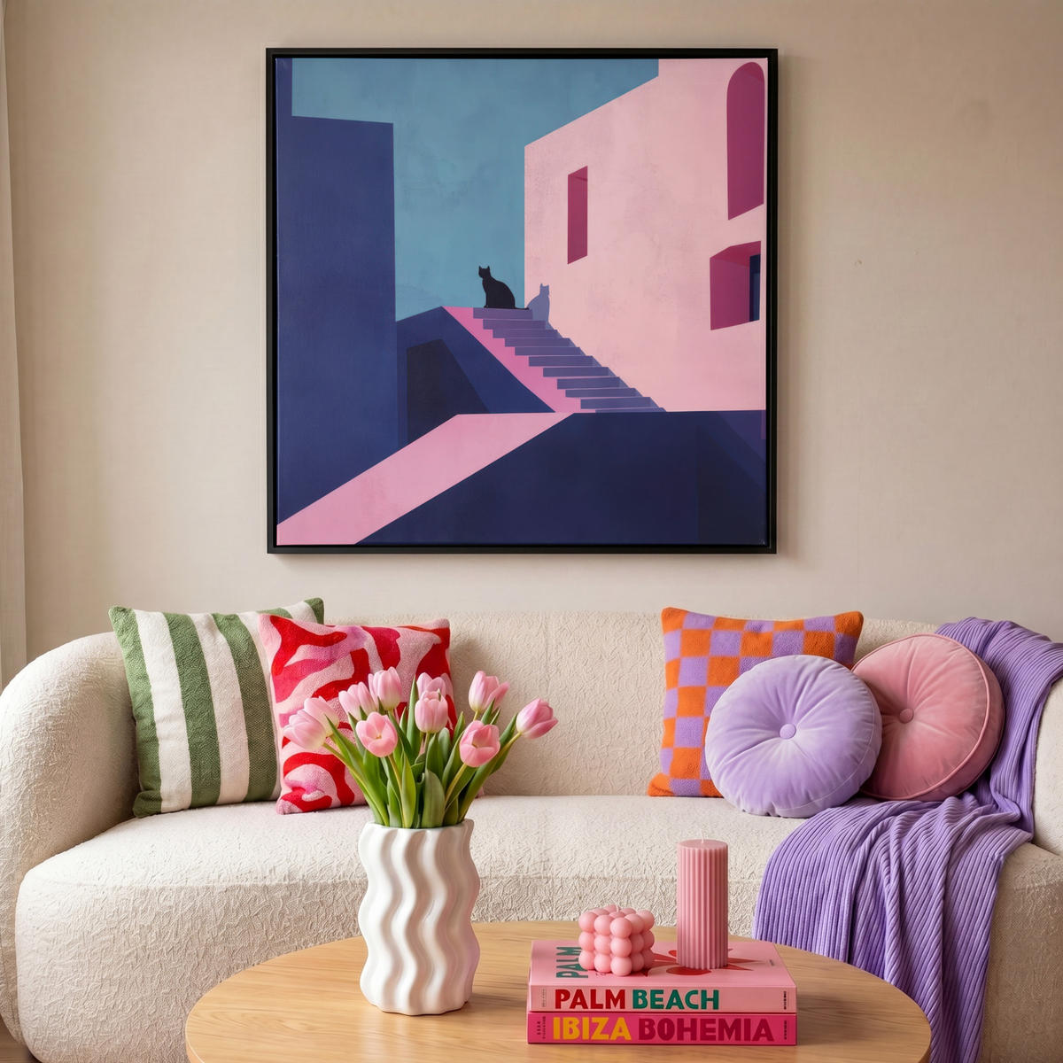 LEINWAND Bilder mit Rahmen - Katze - Treppe - Gebäude - Schattenkontraste - 90x90 - Dunkelblau, Textil (90/90cm) - MuchoWow