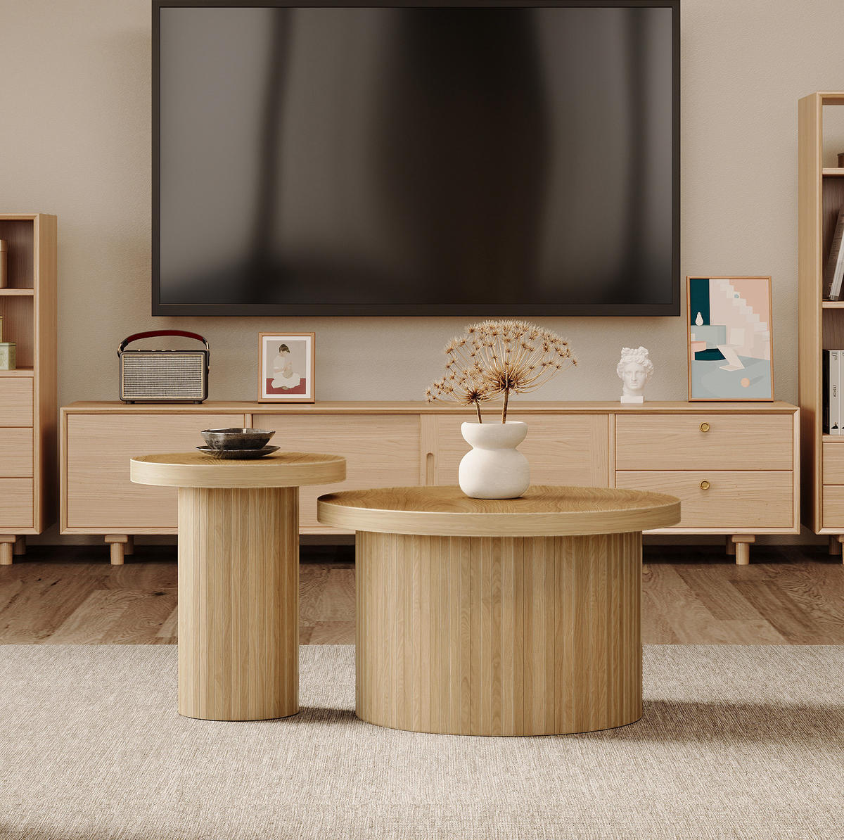 COUCHTISCH-SET 66/66/40 + 40/40/46 cm in Naturfarbe, rund und platzsparend - Naturfarben, Holzwerkstoff (66/66/40cm) - Flora Grace