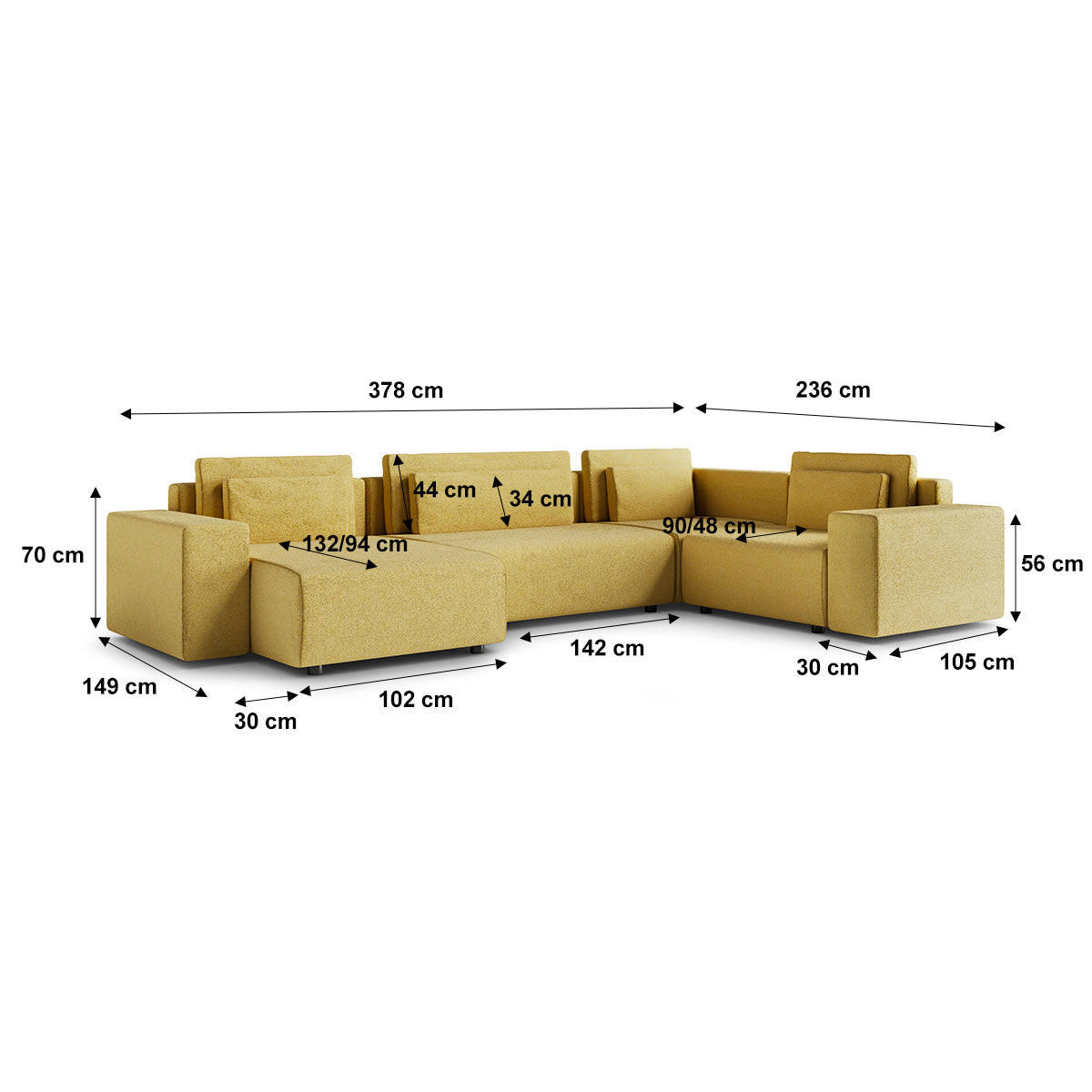 PANORAMASOFA Lorenzo 5 Sitzplätze Gelb - Gelb, Holz (378/85/236cm) - Petits-meubles