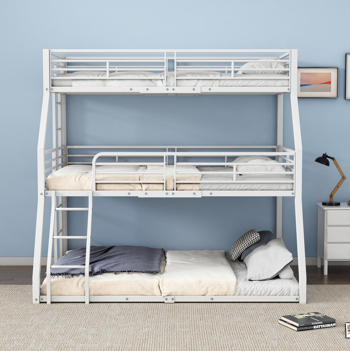 ETAGENBETT 90/200 cm aus Metall in Weiß – Dreifachbett mit 2 Leitern - Weiß, Metall (90/200cm) - BEAOK