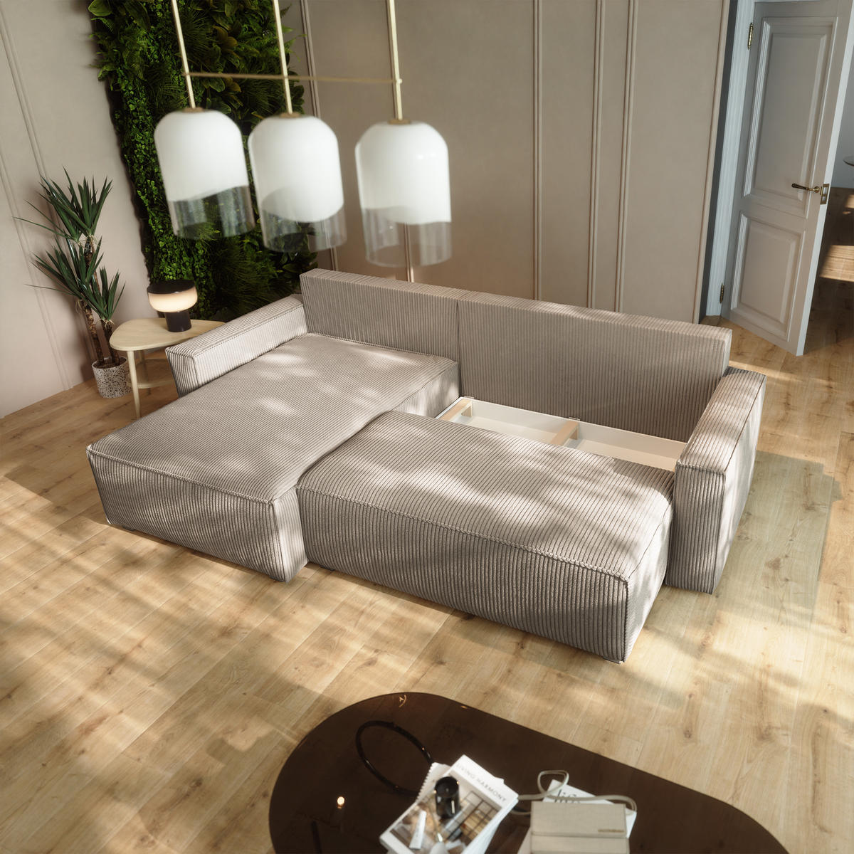 ECKSOFA BESMIR Beige Kordstoff mit Schlaffunktion - Beige, Holz (275/148cm) - MASSENO