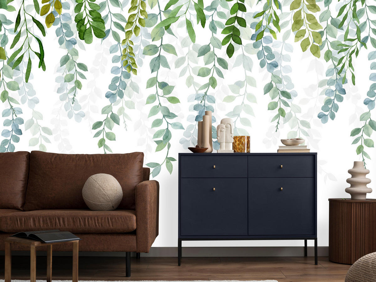 FOTOTAPETE für Schlafzimmer Zarte Ranken Blätter Kletterpflanzen Natur 150x105 - Weiß/Grün, Papier (150/105cm) - Muralo