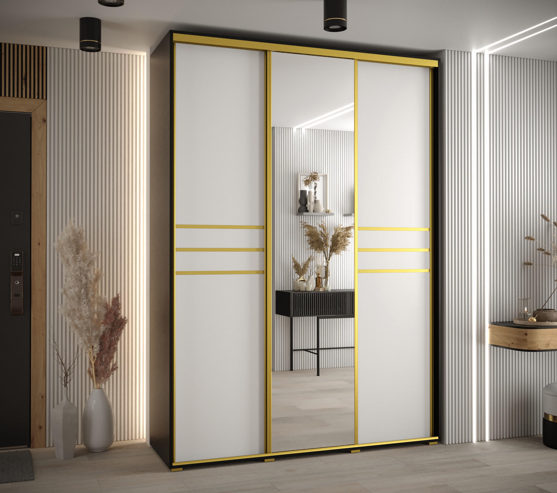 Thumbnail - Abiks Möbel Schwebetürenschrank, Schwarz, Weiß, Gold, Metall, Nachbildung, 10 Fächer, 180x235x45 cm, Schlafzimmer, Kleid...