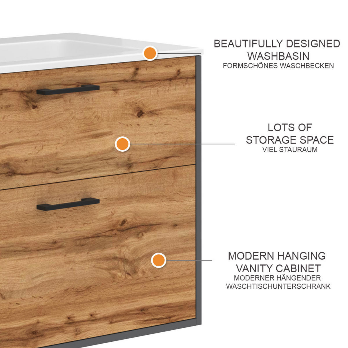 WASCHBECKENUNTERSCHRANK Lanco Anthrazit/Goldkraft Eiche 80 x 61.5 cm mit Waschbecken - Honigeiche/Anthrazit, Holzwerkstoff (80/61.5/45.5cm) - Vicco