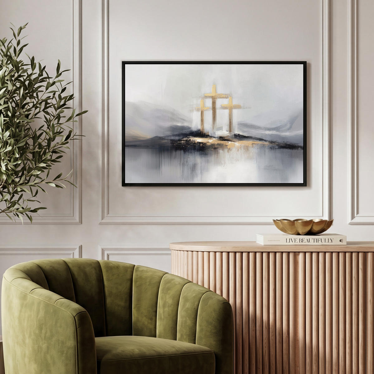 LEINWAND Bilder mit Rahmen - Abstrakt - Malerei - Christentum - Kreuz - 60x40 - Weiß, Textil (60/40cm) - MuchoWow