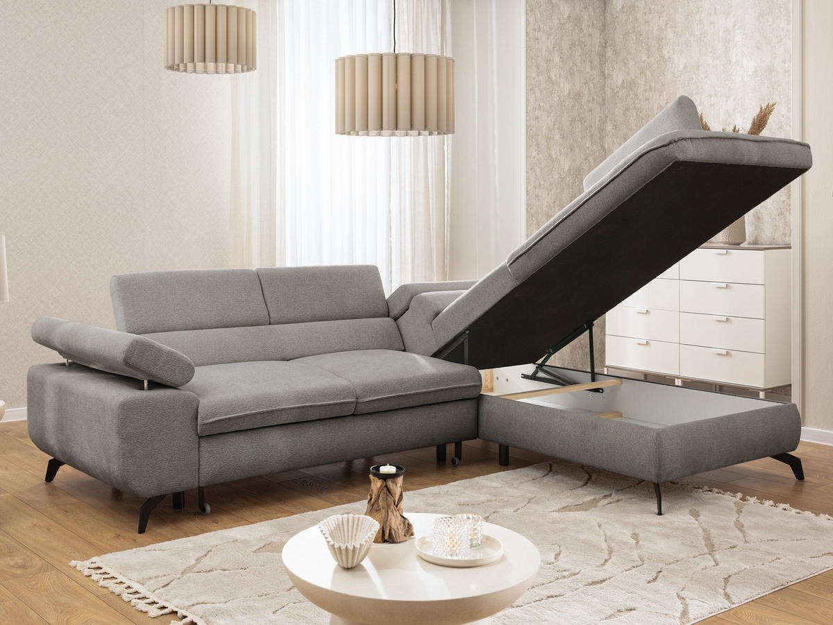 ECKSOFA mit Schlaffunktion und Bettkasten Bonnie aus Hellgrau Chenille-Stoff mit verstellbaren Kopfstützen und Armlehne - Ottomane rechts - Hellgrau/Schwarz, Holz/Textil (275/210cm) - S-Style Möbel