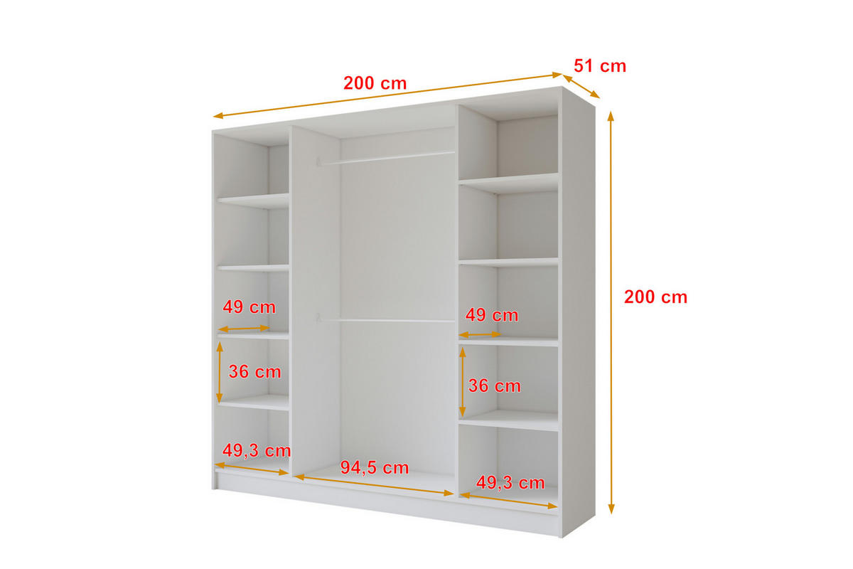 KLEIDERSCHRANK - LUSSO - 200 - Weiß - Schwarz/Weiß, Holzwerkstoff (200/200/51cm) - ALTDECOR