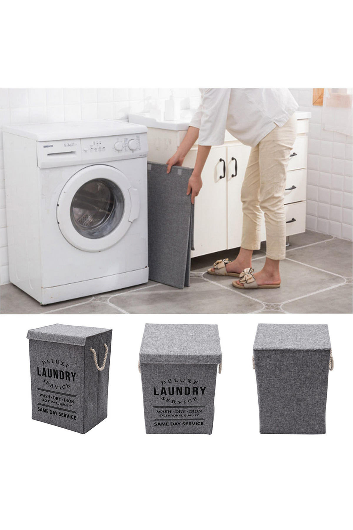 WÄSCHEKORB mit Deckel und Griffe Faltbarer - Grau, Textil (40/60/30cm) - Livingandhome