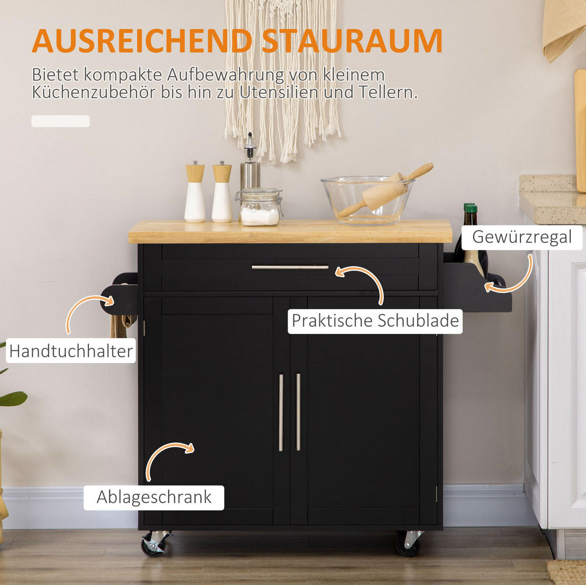 KÜCHENWAGEN 109x40x89cm Schwarz mit Schublade,Gewürzregal & 4 Lenkrollen - Schwarz, Holz (109/89/40cm) - Modfu