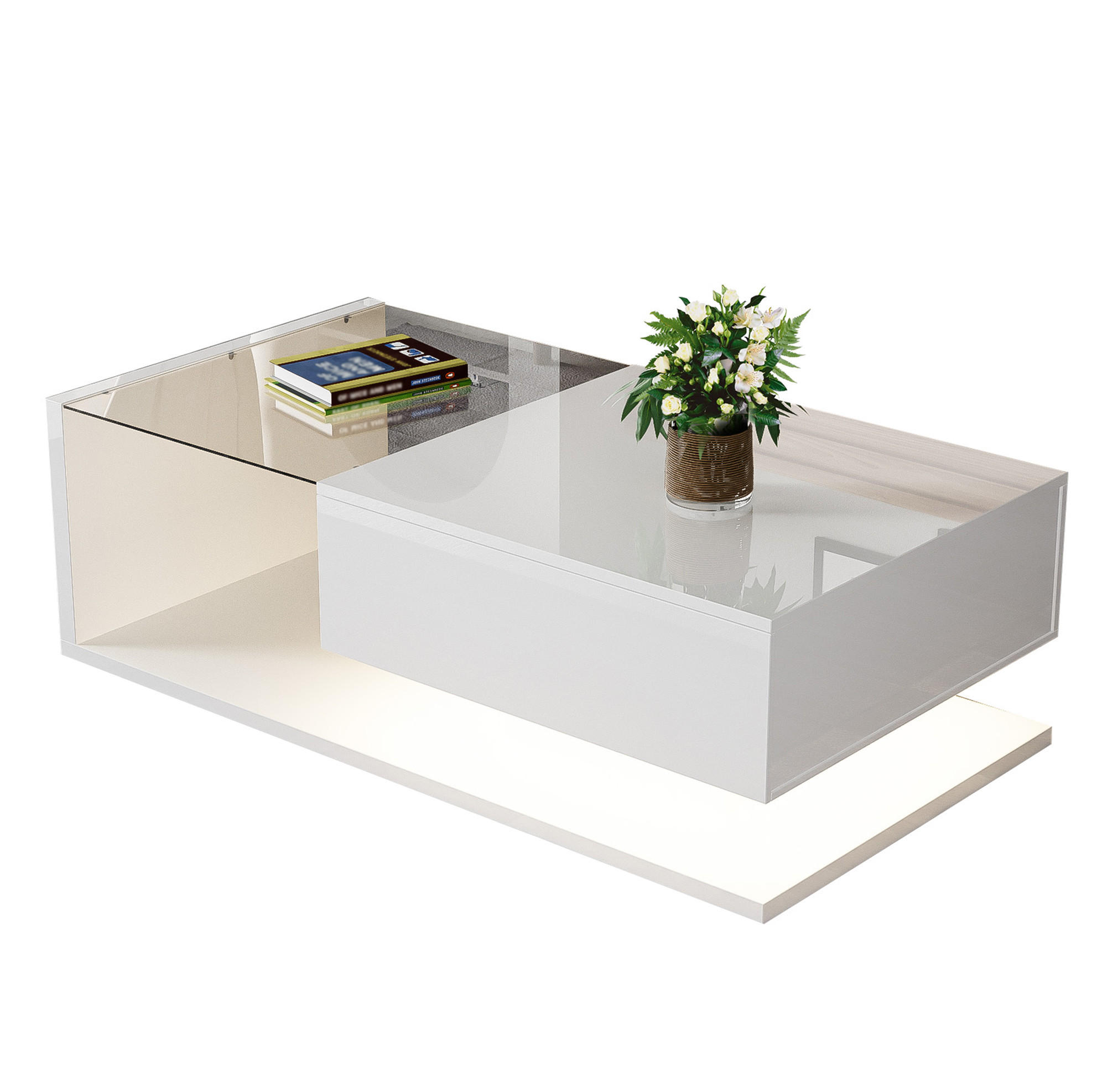 COUCHTISCH, Hochglanz-Weiß mit gehärtetem Glas und 16‑farbiger dimmbarer LED, 105/55/32,5 cm,Weiß - Weiß, Holzwerkstoff (105/55/32.5cm) - Redom