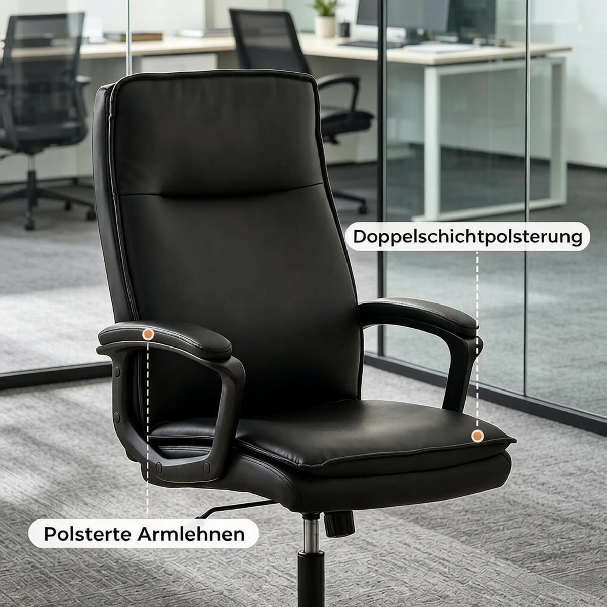 DREHSTUHL mit PU Bezug höhenverstellbar 109 bis 119 cm - Schwarz, Leder (66/109/70cm) - Gisaae