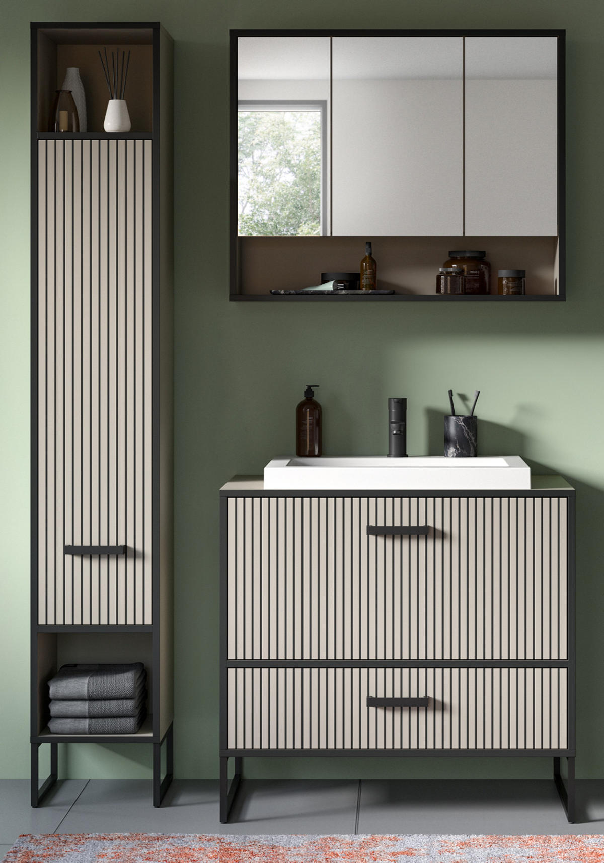 BADMÖBEL-SET schwarz, sand mit Waschbecken 125 cm, Kombination mit Soft-Close - Sandfarben/Schwarz, Glas/Keramik (125/192/48cm) - Inn.Furn