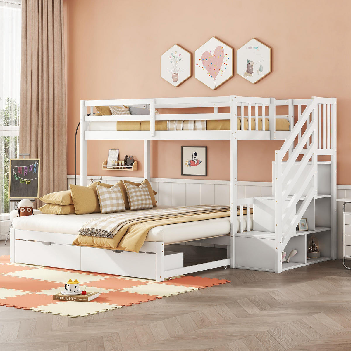ETAGENBETT aus Kiefernholz 90x200 cm in Weiß mit Ausziehbett & 2 Schubladen - Weiß, Holz (90/200cm) - Modfu