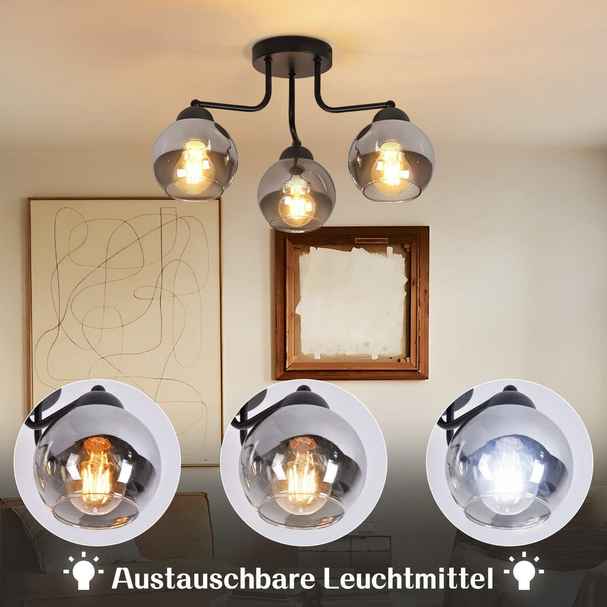 DECKENLEUCHTE Lupien 38/25.6/38cm - Schwarz, Glas (25.6/38/38cm) - Nettlife