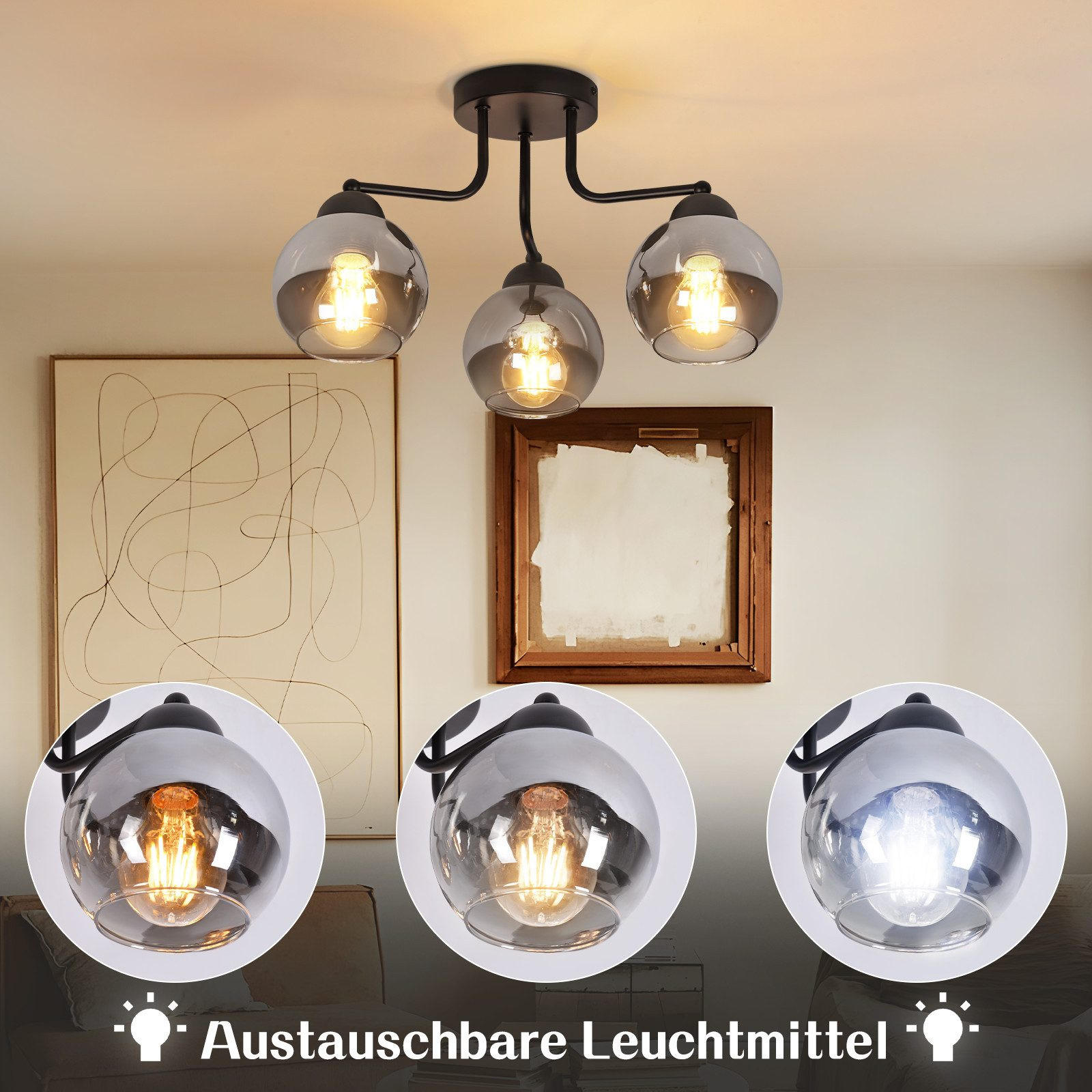 Thumbnail - Nettlife Deckenleuchte, Schwarz, Glas, 38x38x25.6 cm, Lampen & Leuchten, Innenbeleuchtung, Deckenleuchten