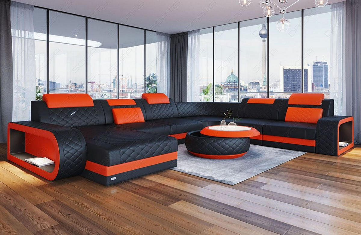WOHNLANDSCHAFT Berlin U-Form Mini Schwarz Orange Kunstleder - Rot/Schwarz, Textil (362/80/264cm)