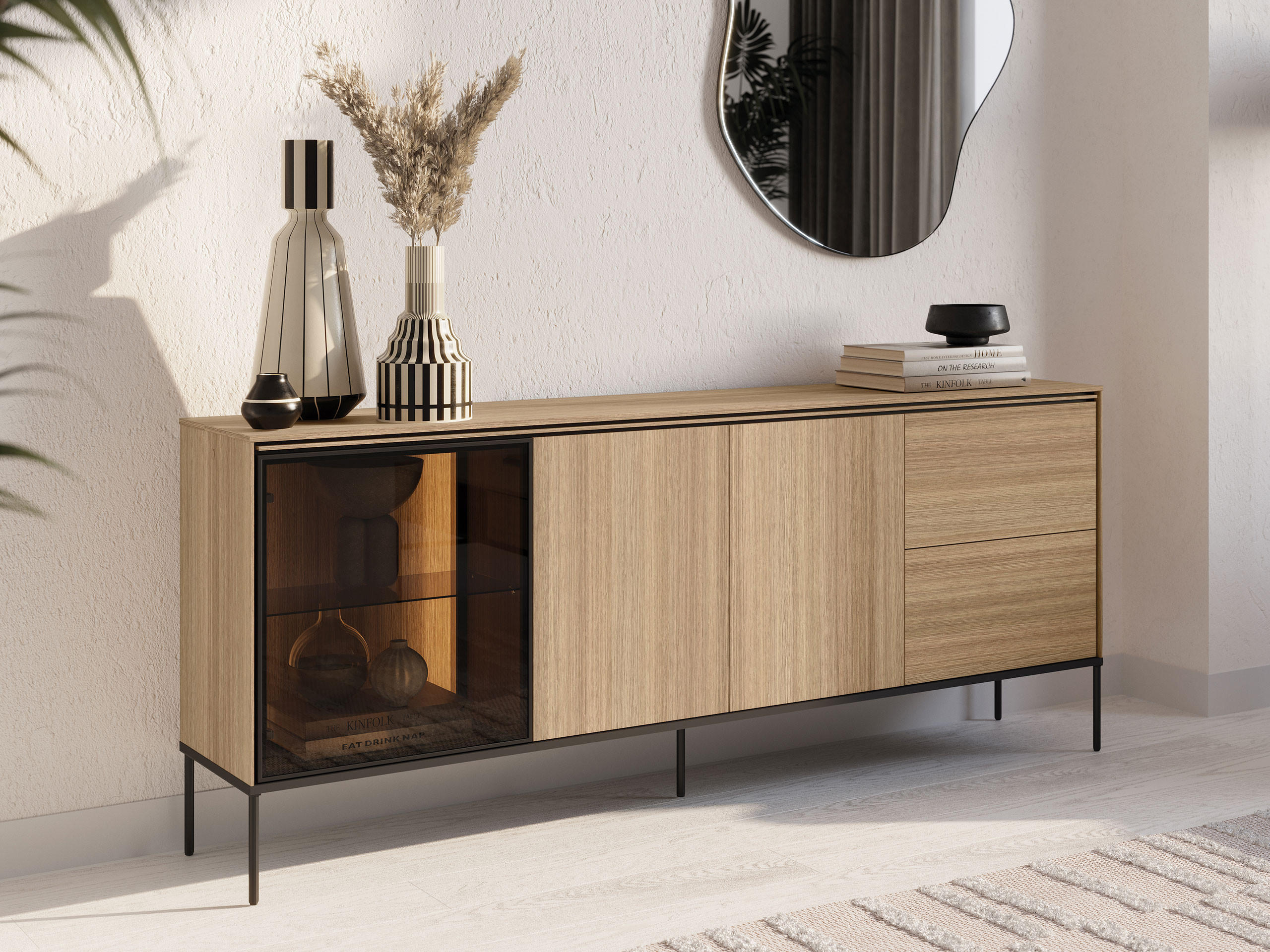 SIDEBOARD 2D1W2S Visso VI-06 - Eichefarben/Schwarz, Holzwerkstoff/Metall (201/85/41cm) - MIRJAN24