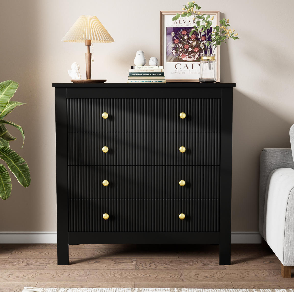 KOMMODE 79/39,5/80,5 cm aus Spanplatte mit 5 strukturierten Schubladen Schwarz - Schwarz, Holzwerkstoff (79/80.05/39.5cm) - Modenvie