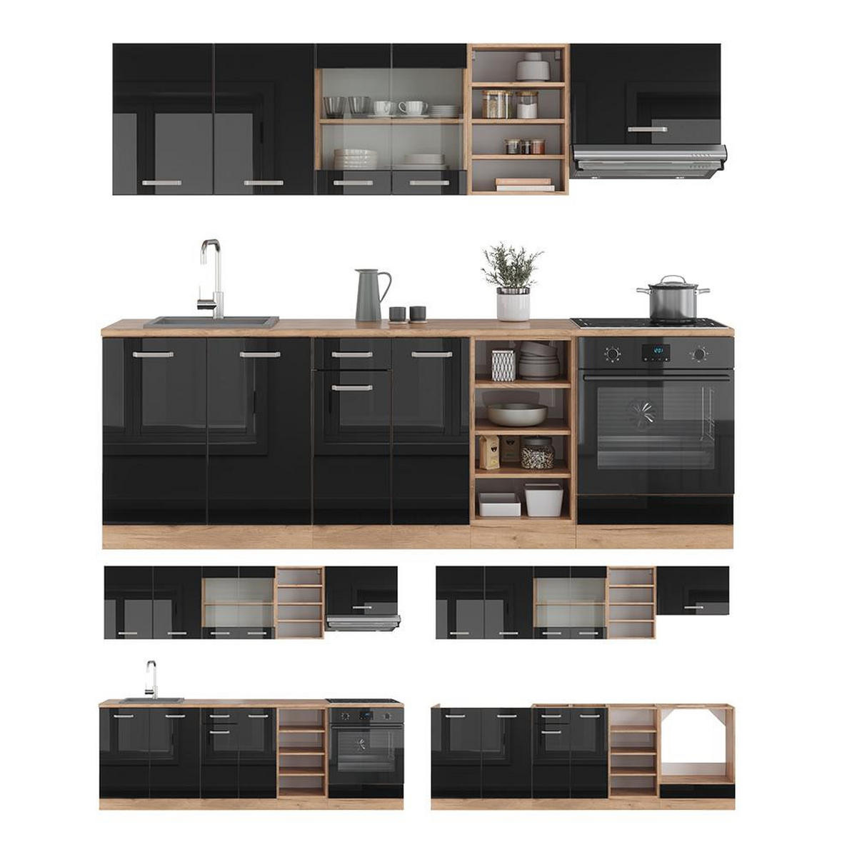 KITCHENETTE R-Line Negru lucios/Stejar Goldkraft 240 cm , AP Stejar - stejar miere/negru cu luciu intens, compozit lemnos (240/206.8/60cm) - Vicco
