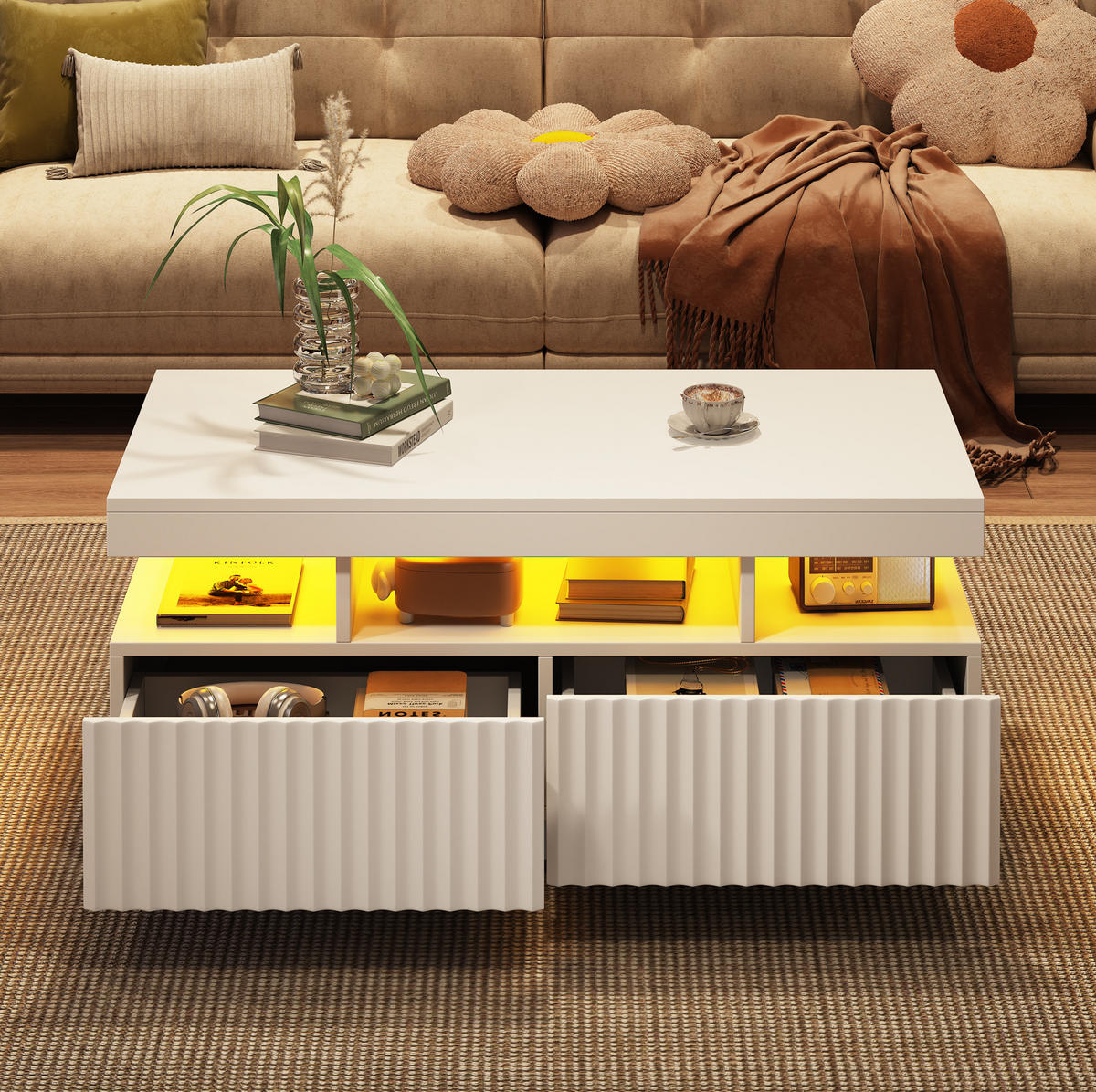 COUCHTISCH 100/50/45 cm mit 2 Schubladen, LED-Beleuchtung und offener Ablage aus Spanplatte, Weiß - Weiß, Holzwerkstoff (100/50/45cm) - Modfu