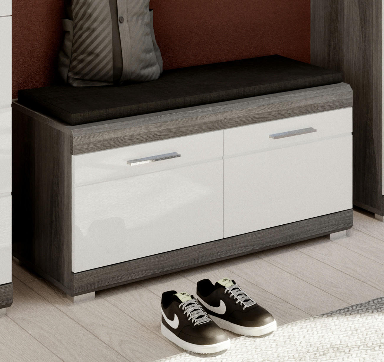 Inn.Furn Garderobenbank Weiß Hochglanz, Grau 90x44x40 cm