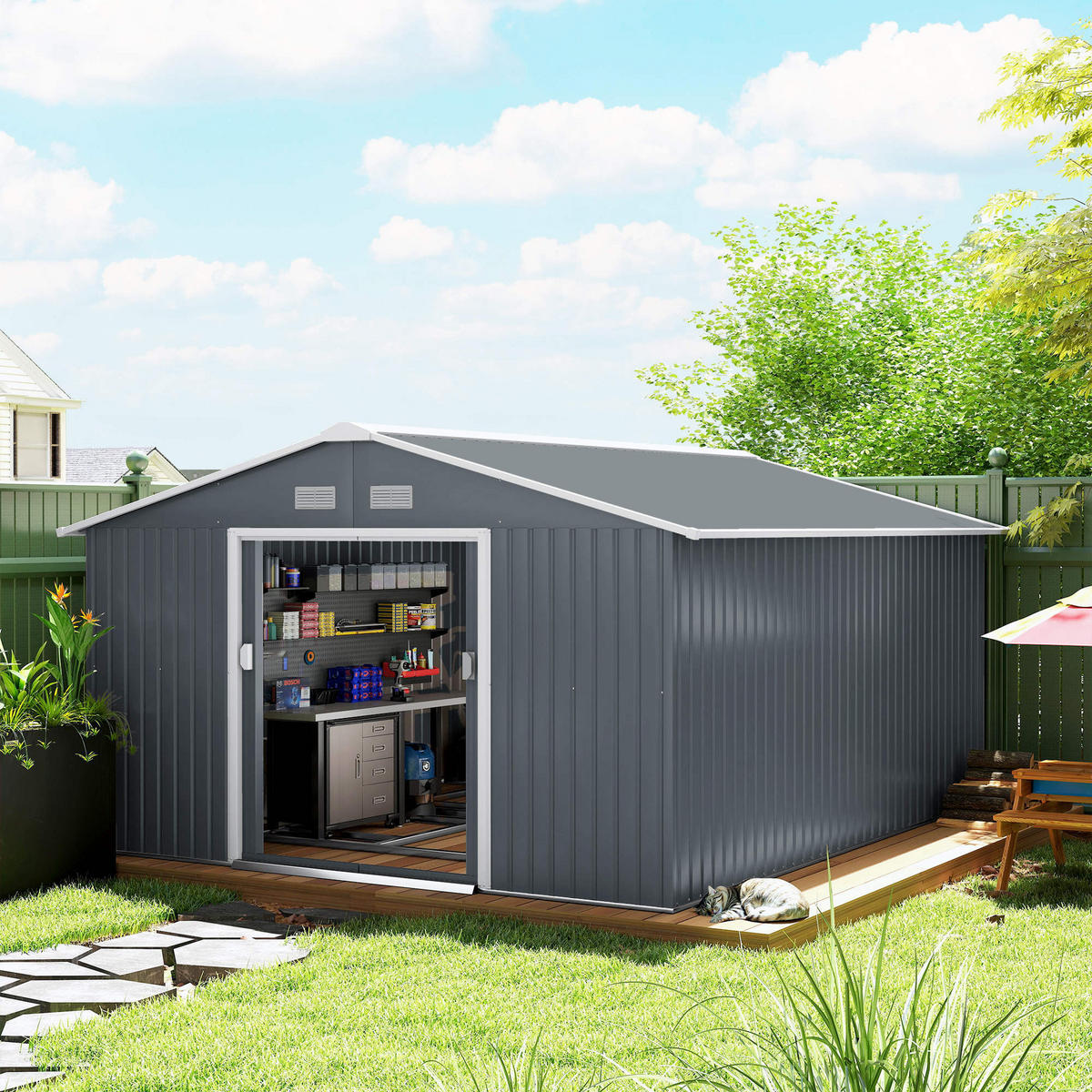 GERÄTEHAUS Geräteschuppen Gartenschrank Geräteschrank Metall Kohlegrau - Grau, Metall (340/200/386cm) - Outsunny